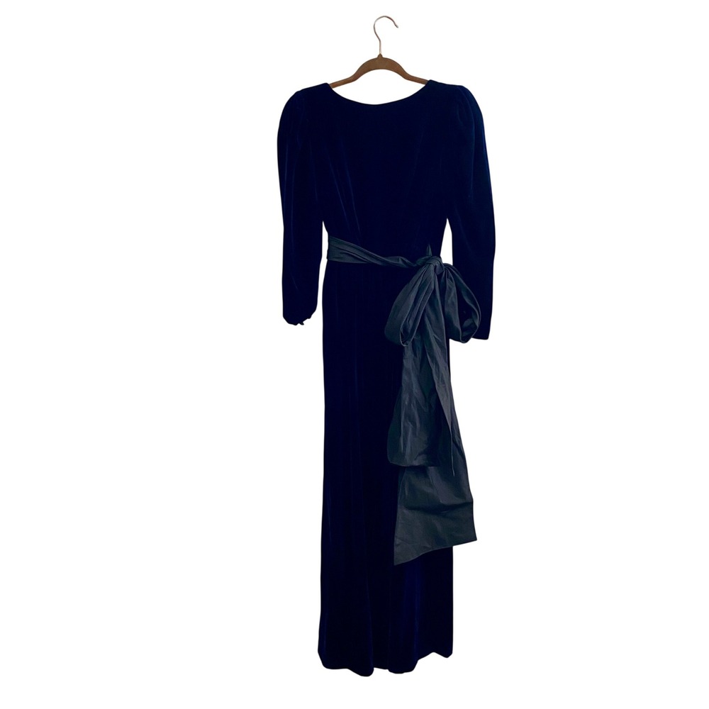 Vintage Albert Nipon By Night ILGWU Blue Silk Velvet Low Back Maxi Dress Gown 6‎